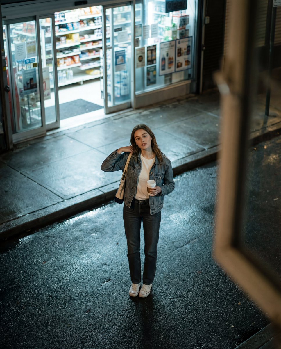 街头夜拍：超市入口的牛仔裤女孩