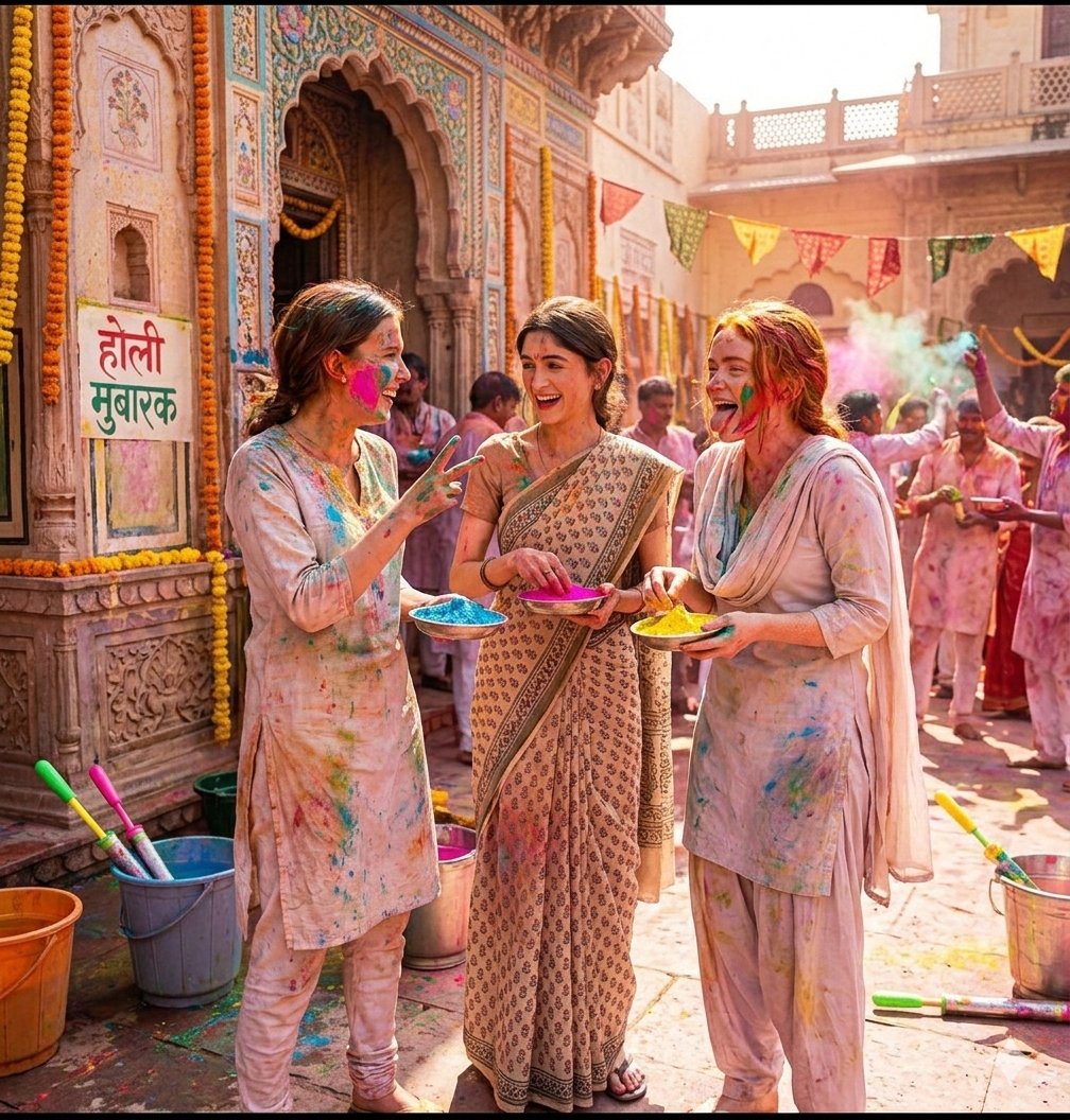 洒红节彩粉弥漫的印度少女