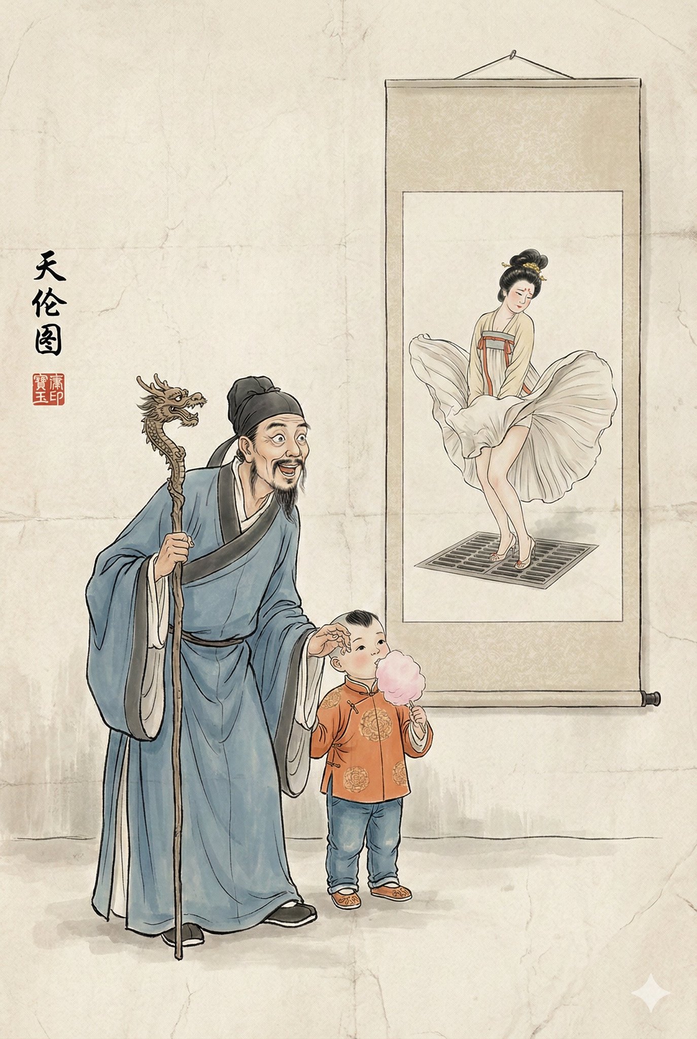 天伦图·古今混搭幽默水墨