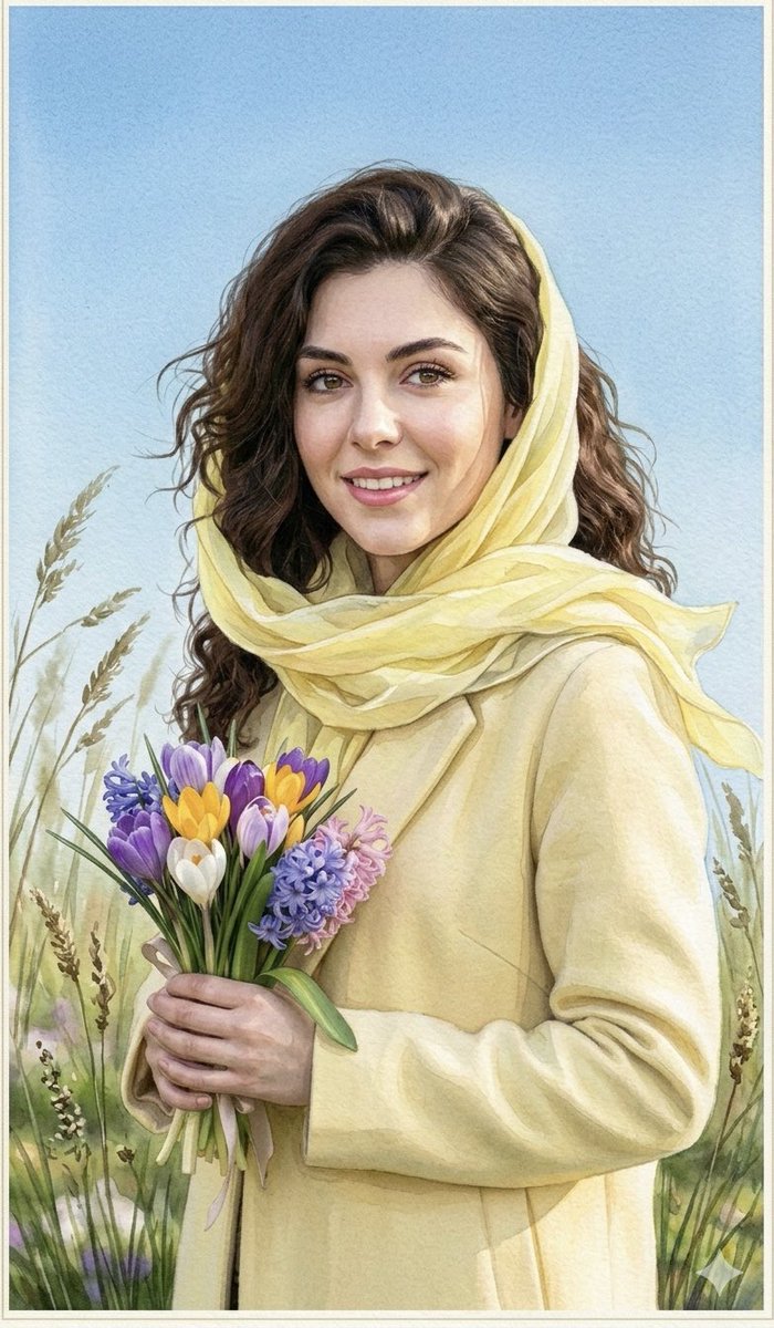 手捧风信子的春日水彩少女