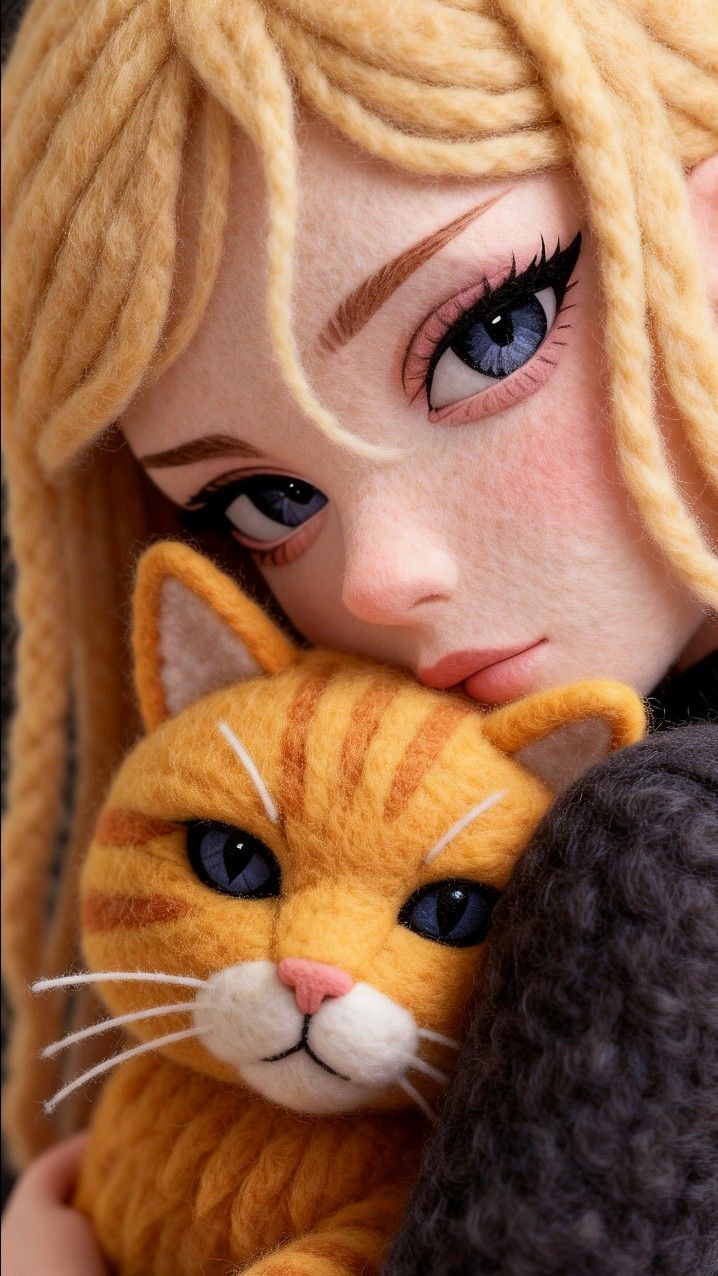 毡玩偶女孩拥抱橙色小猫