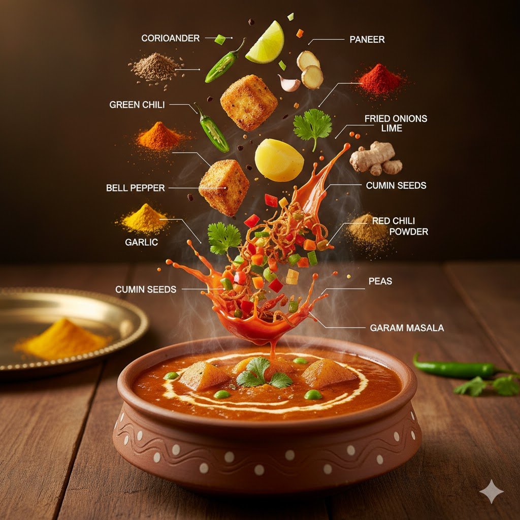 超写实印度咖喱食材悬浮信息图