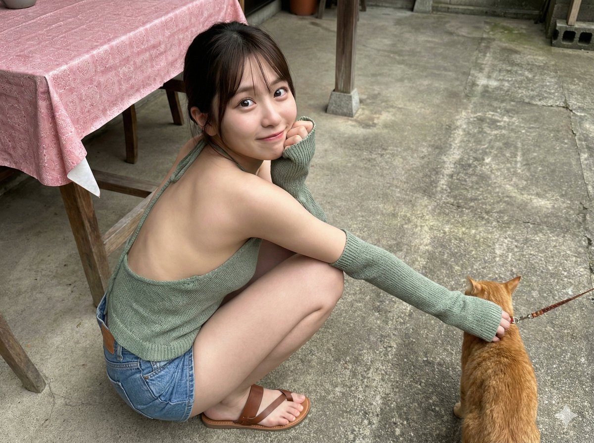 蹲坐回眸的少女与猫
