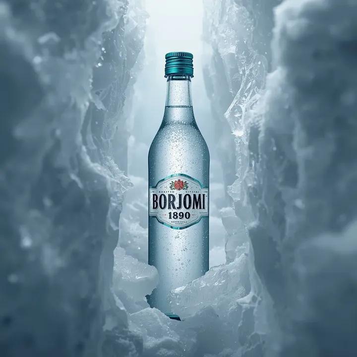 冰穴中的Borjomi矿泉水瓶商业摄影