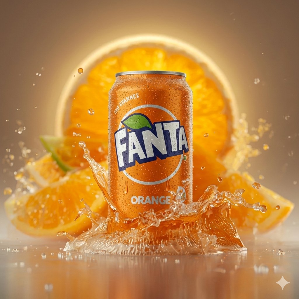 冰镇芬达橙汁易拉罐定格飞溅瞬间