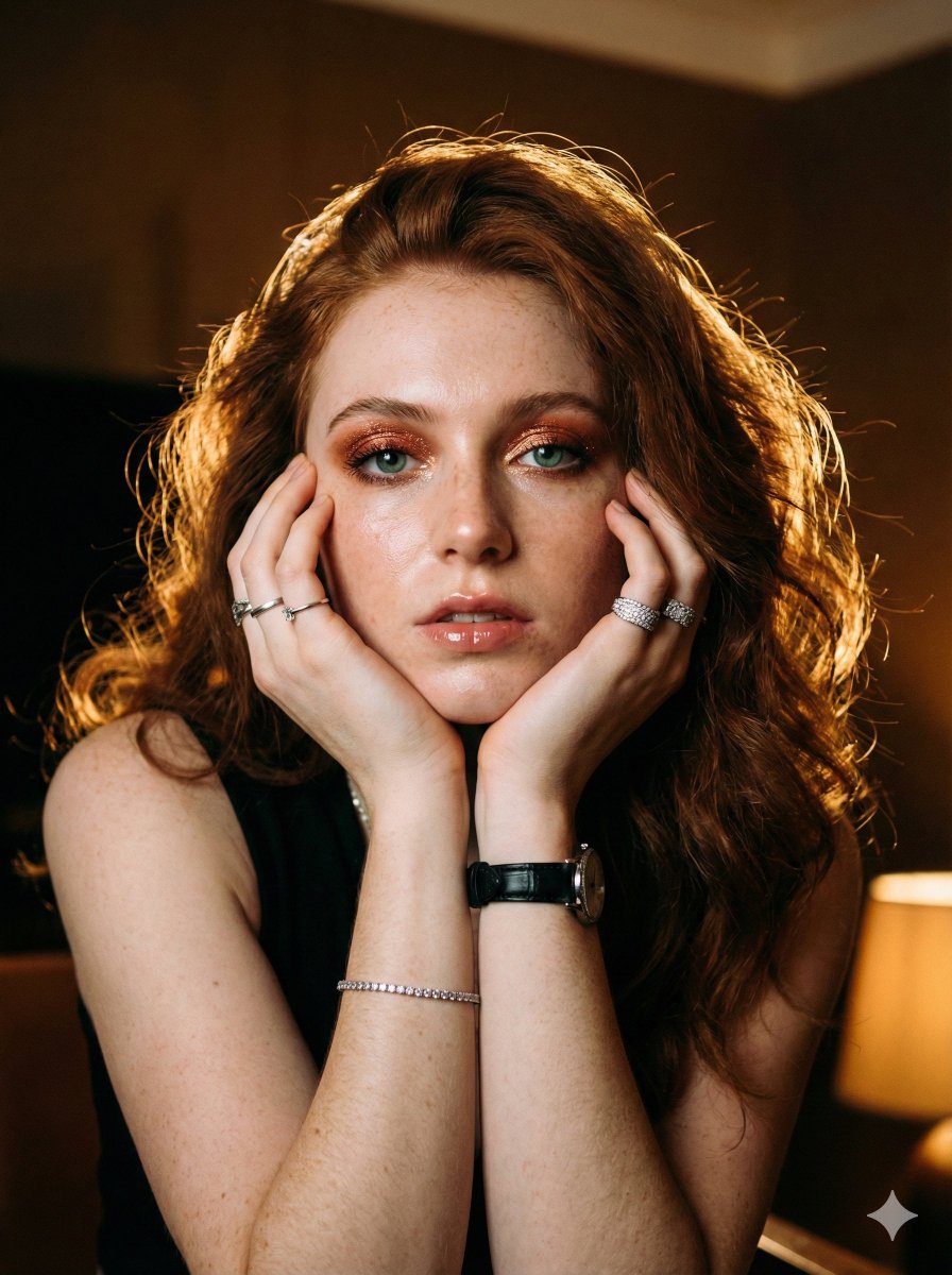 沉浸式暖光铜发雀斑女孩特写