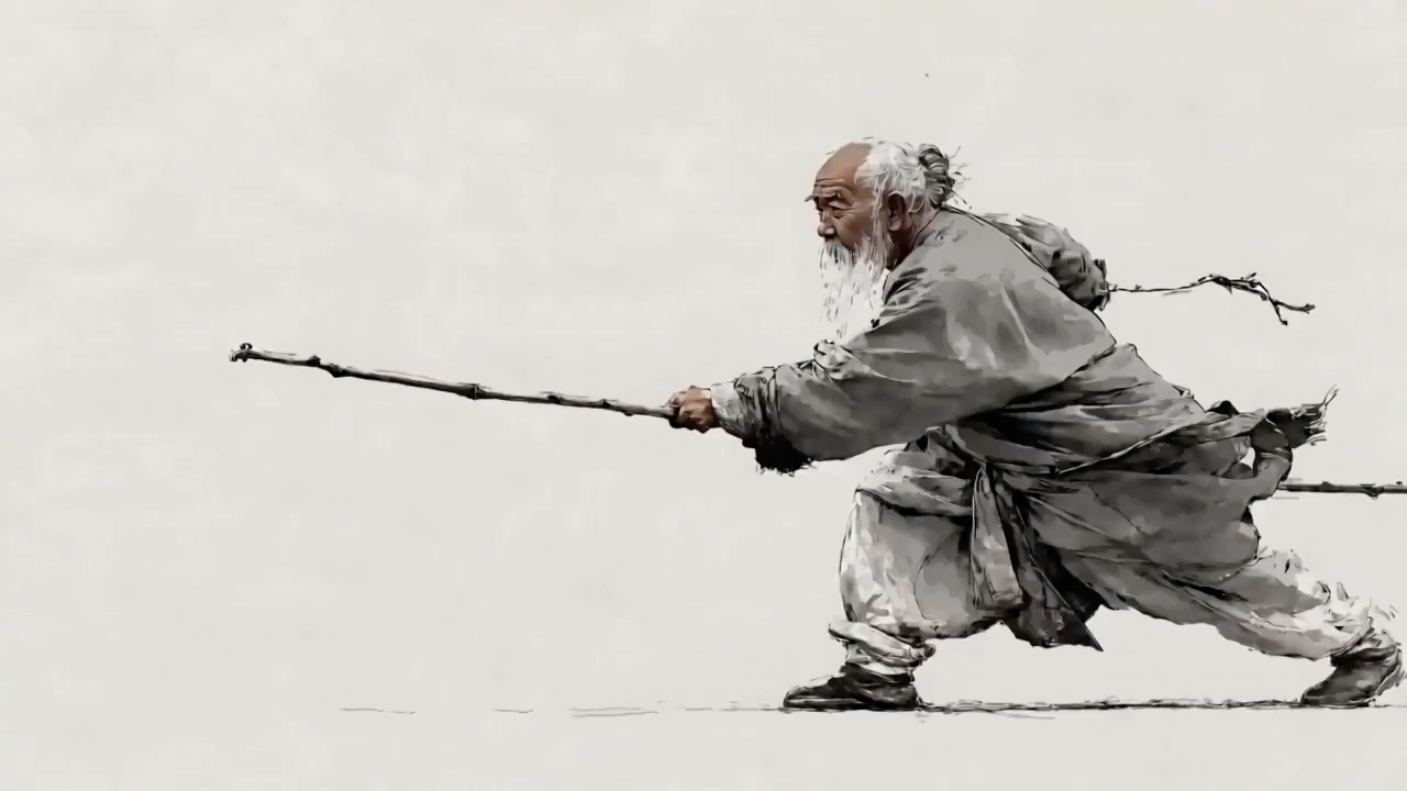 水墨武侠老者挥棒写意马字