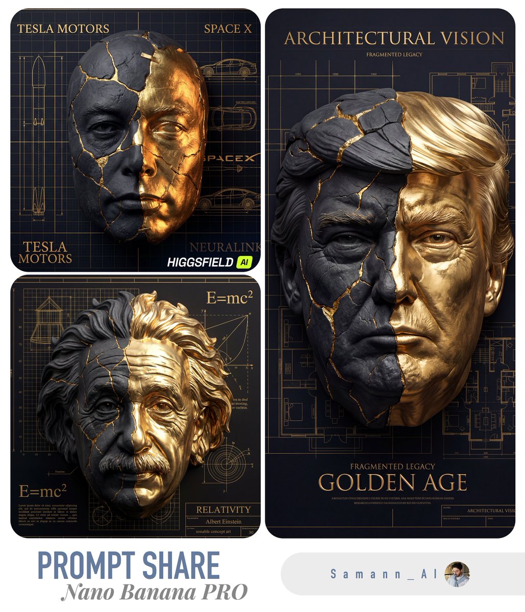 金缮裂面：黑石与金箔的3D肖像