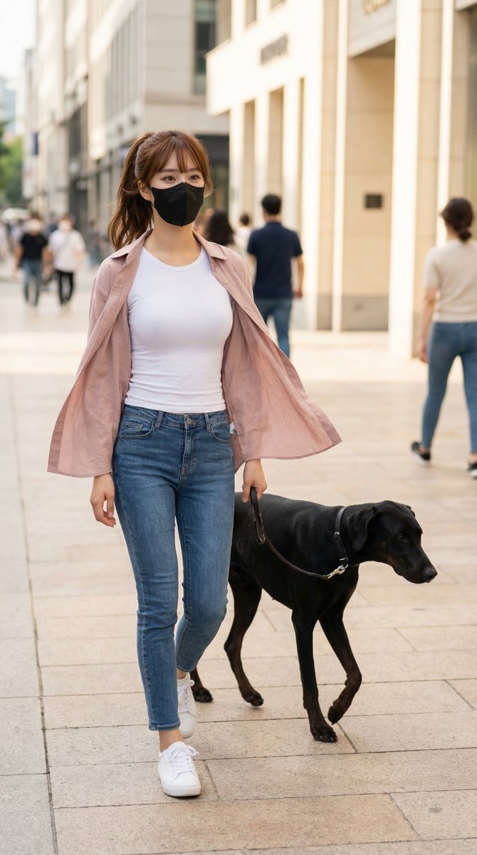 韩系粉衣少女牵黑狗漫步都市街头