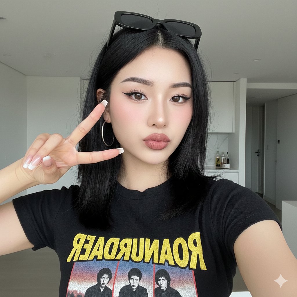 韩系混血甜酷女孩居家对镜比耶特写