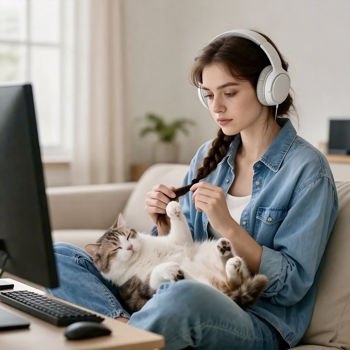 慵懒午后猫咪轻咬发辫的治愈系瞬间