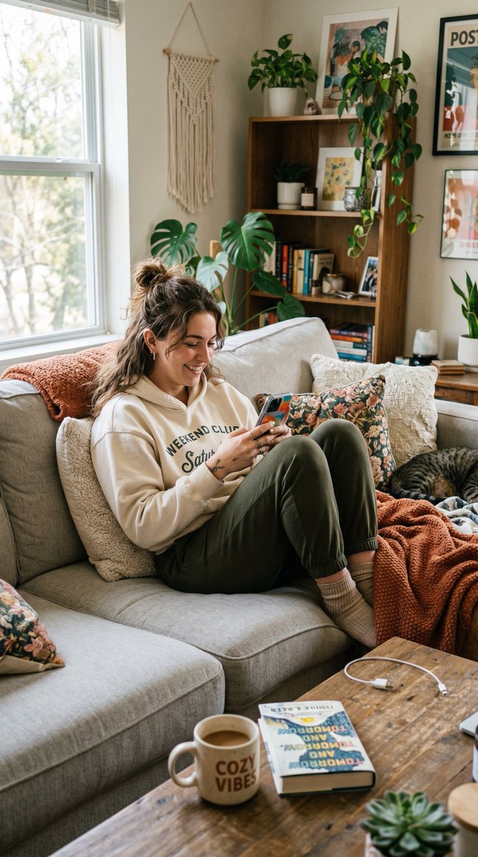 周六沙发上的慵懒Z世代女孩