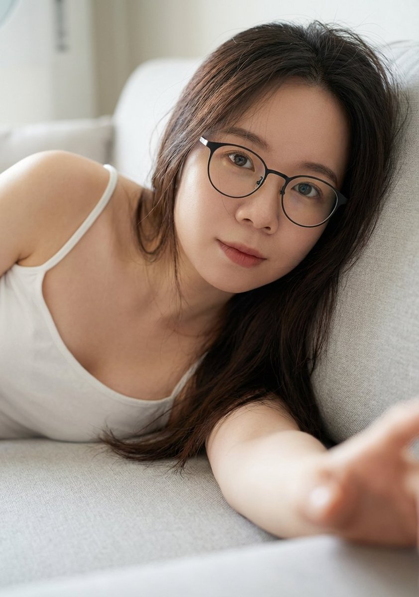 慵懒沙发的温柔眼镜少女