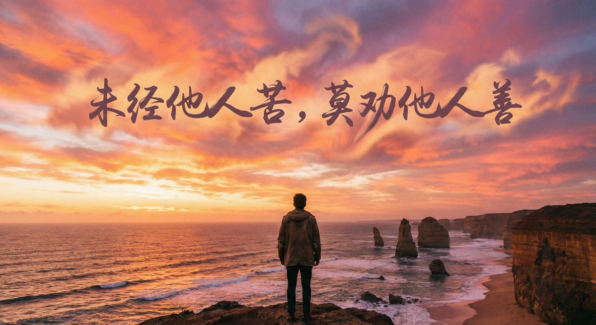 悬崖边的孤独背影与夕阳云字