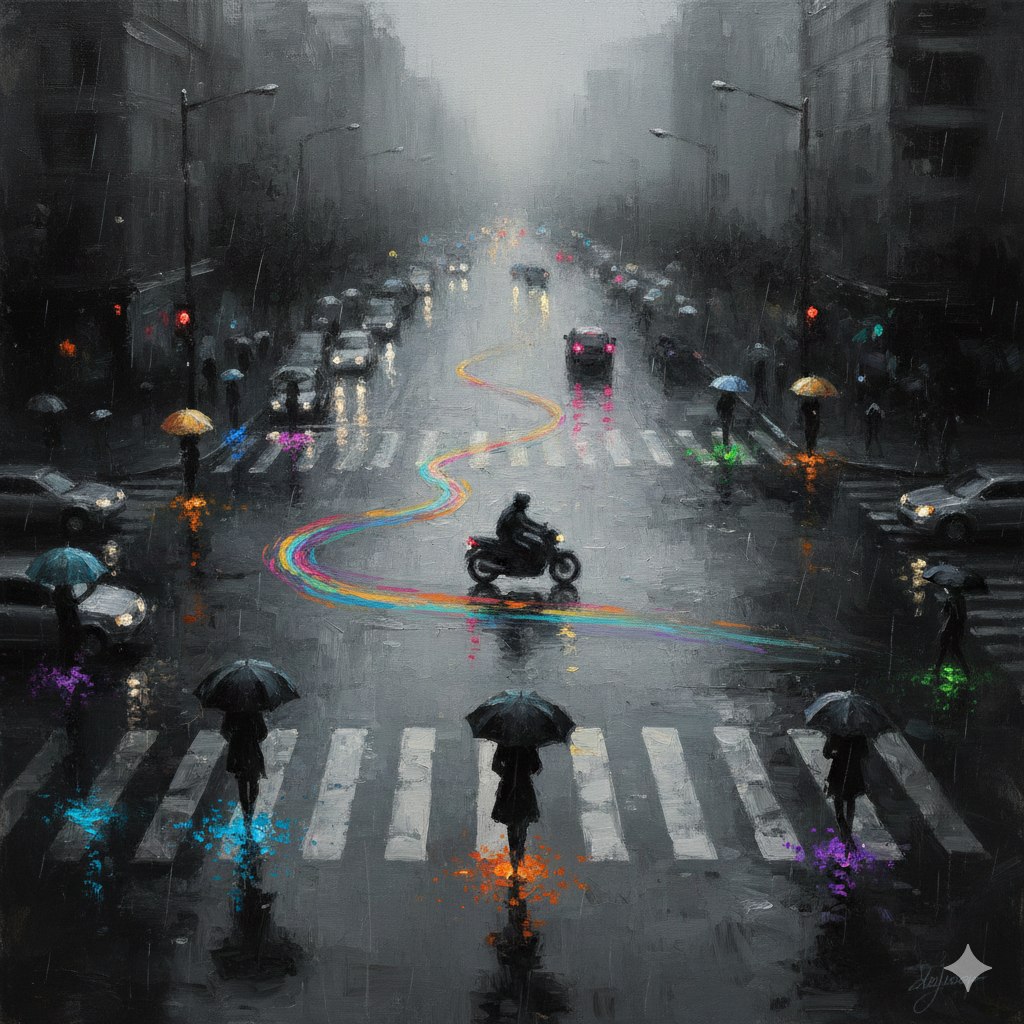 雨夜都市中那一抹孤独的印象派光影