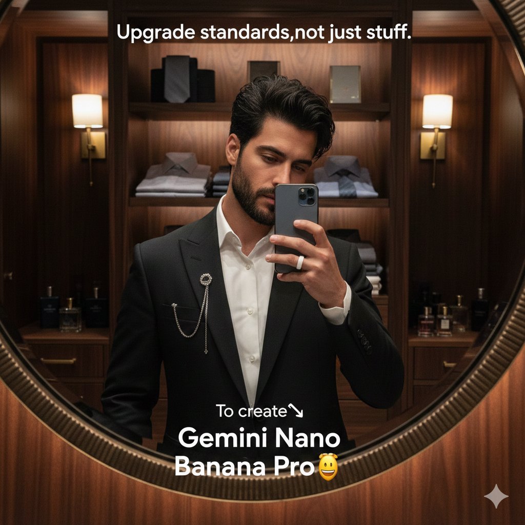 奢华衣帽间里的绅士镜面自拍