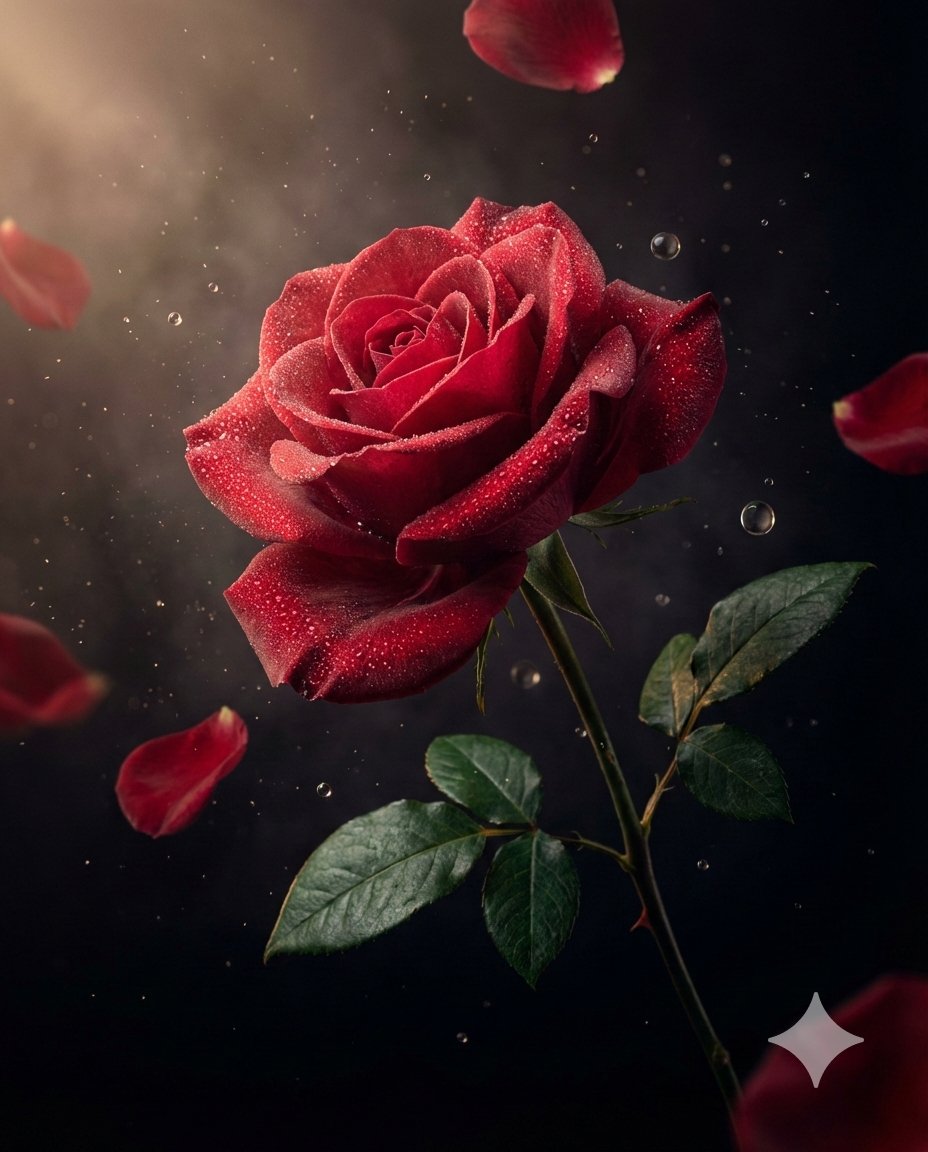 悬浮黑丝绒上的奢华深红玫瑰
