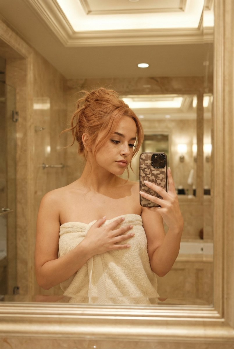 奢华大理石浴室的慵懒镜面自拍