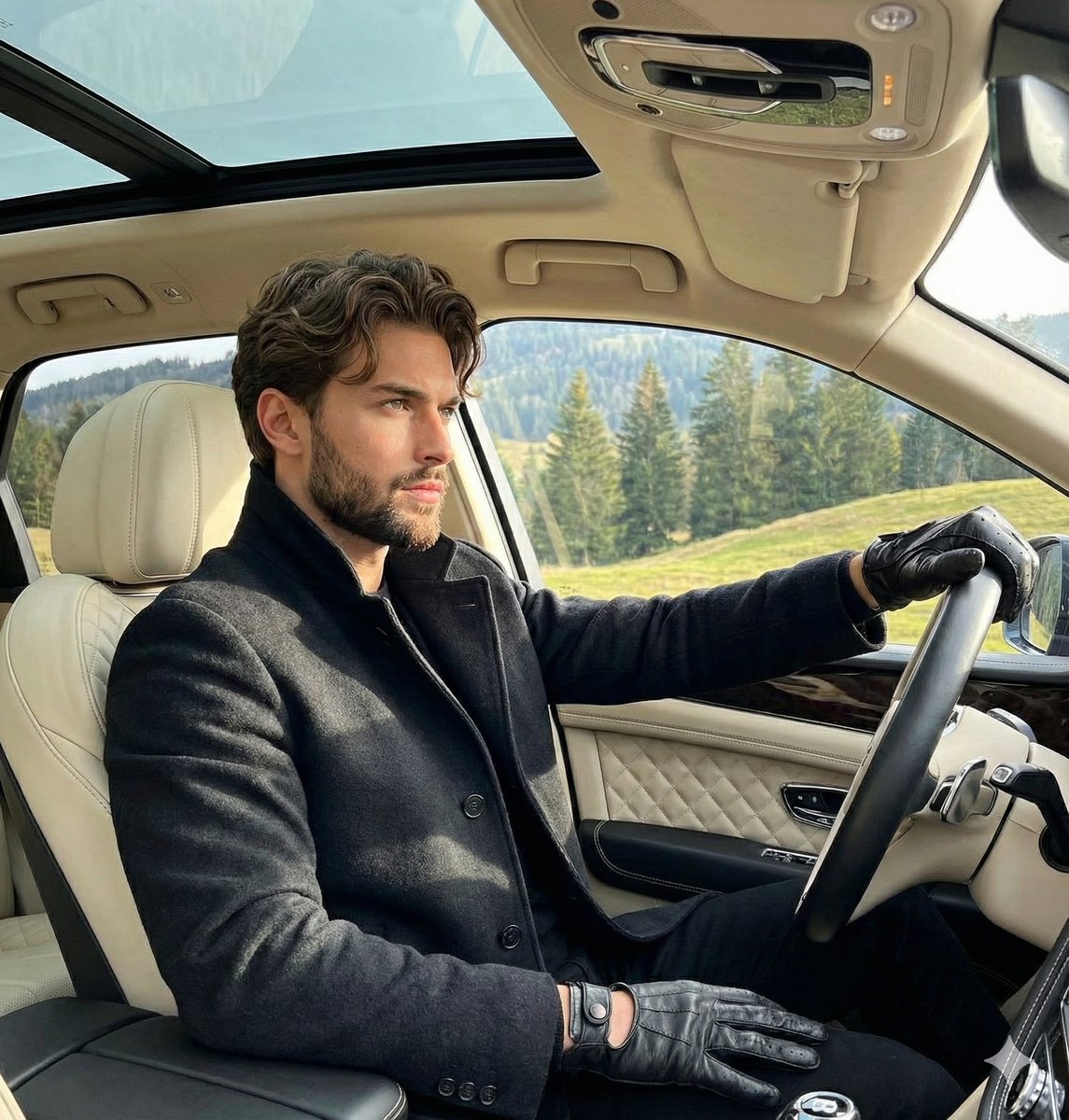 奢华SUV内从容自信的年轻绅士