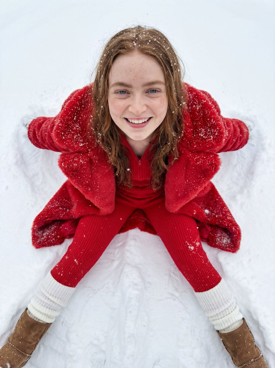 雪中红装：Sadie Sink 仰卧雪天使特写