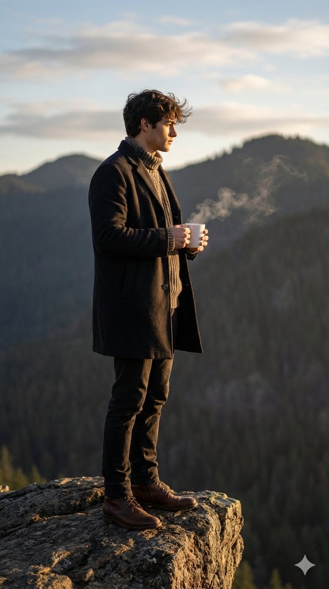 晨曦微光中悬崖边捧杯独处的男子