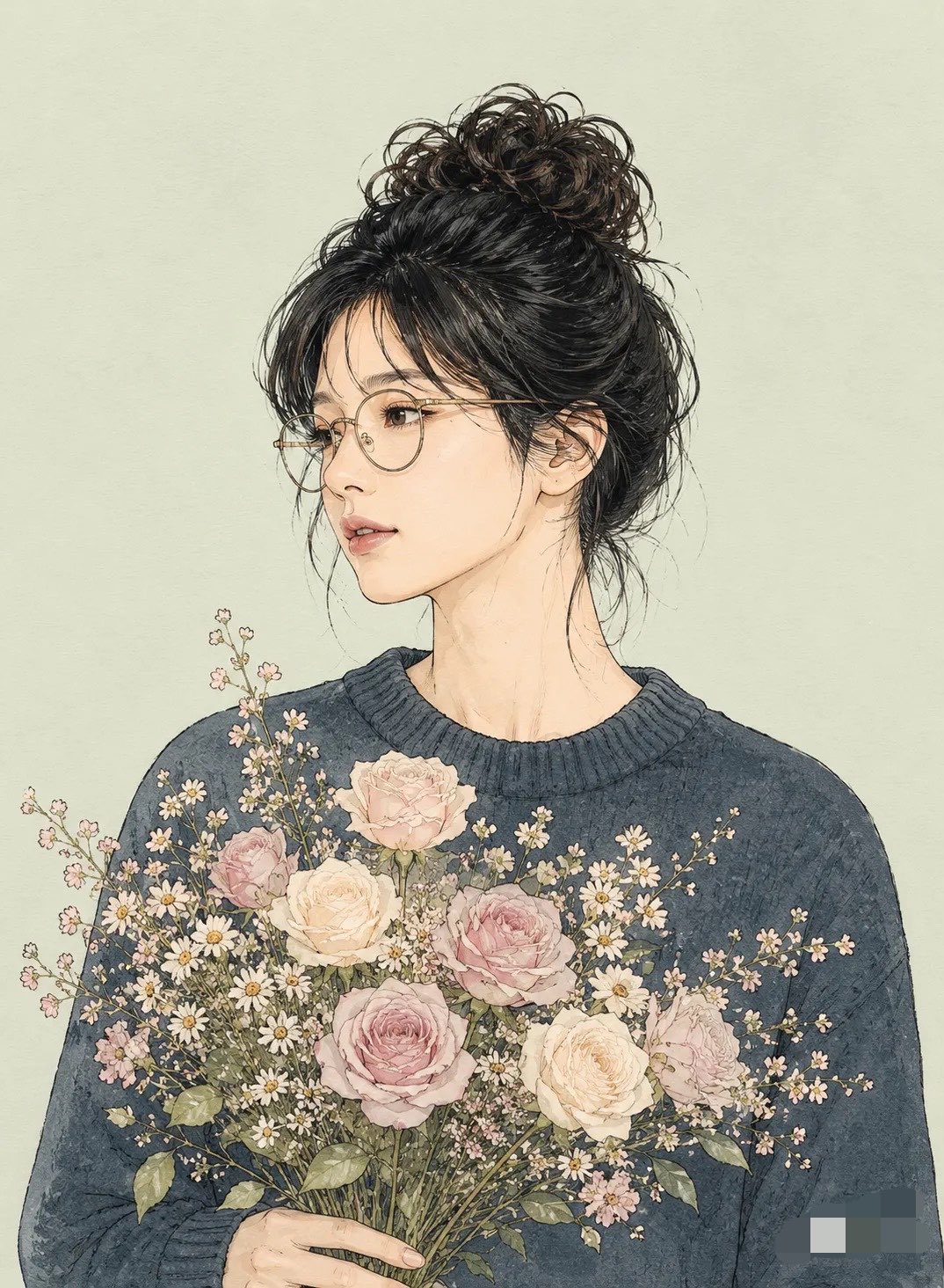 手持花束的侧脸线稿水彩肖像