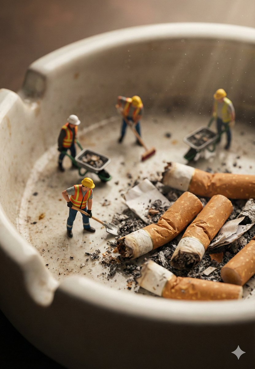 微型建筑工清理巨无霸烟灰缸