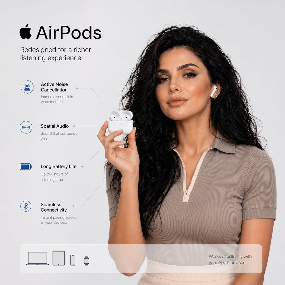 极简演播室中的AirPods高端信息图