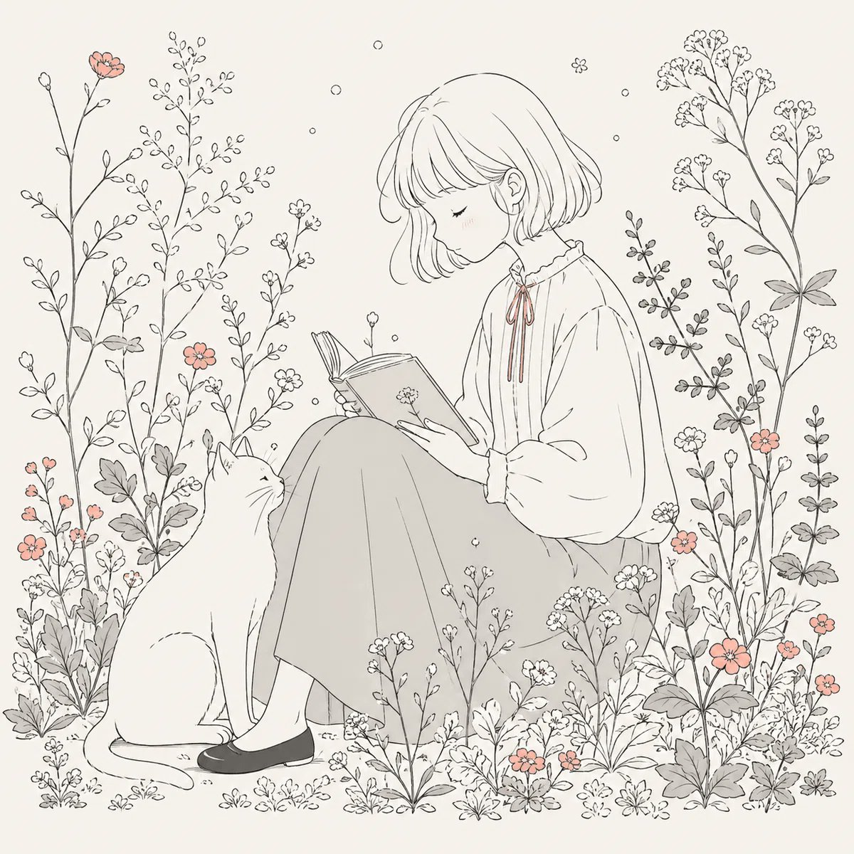 女孩与猫的静谧植物线稿
