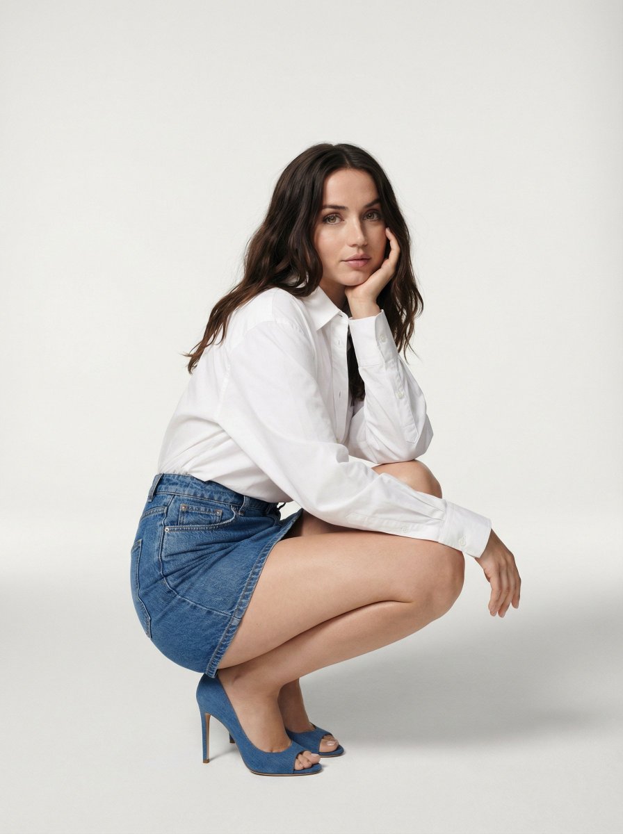 极简纯白影棚的蹲姿大片