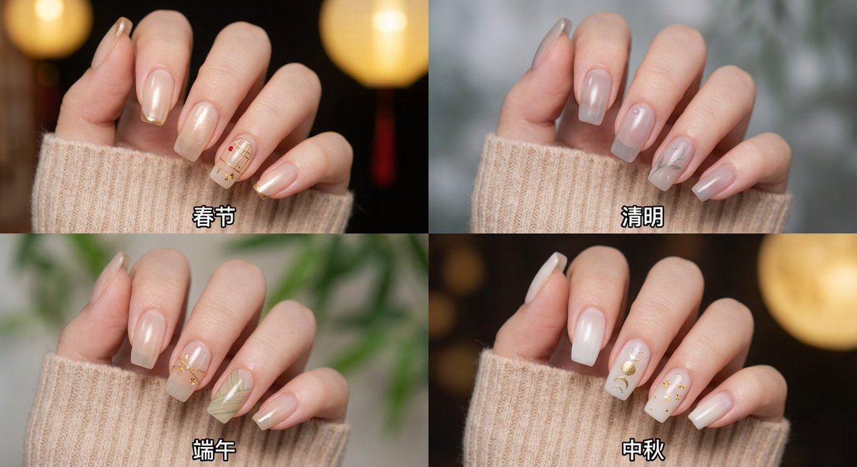 中国四大节日美甲四宫格拼贴图