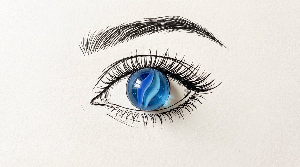 蓝色弹珠眼睛：极简混合媒介插画