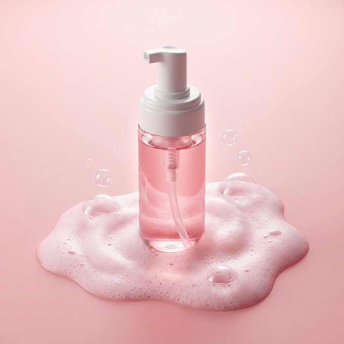 粉色洁面乳瓶泡沫中的极简美妆摄影