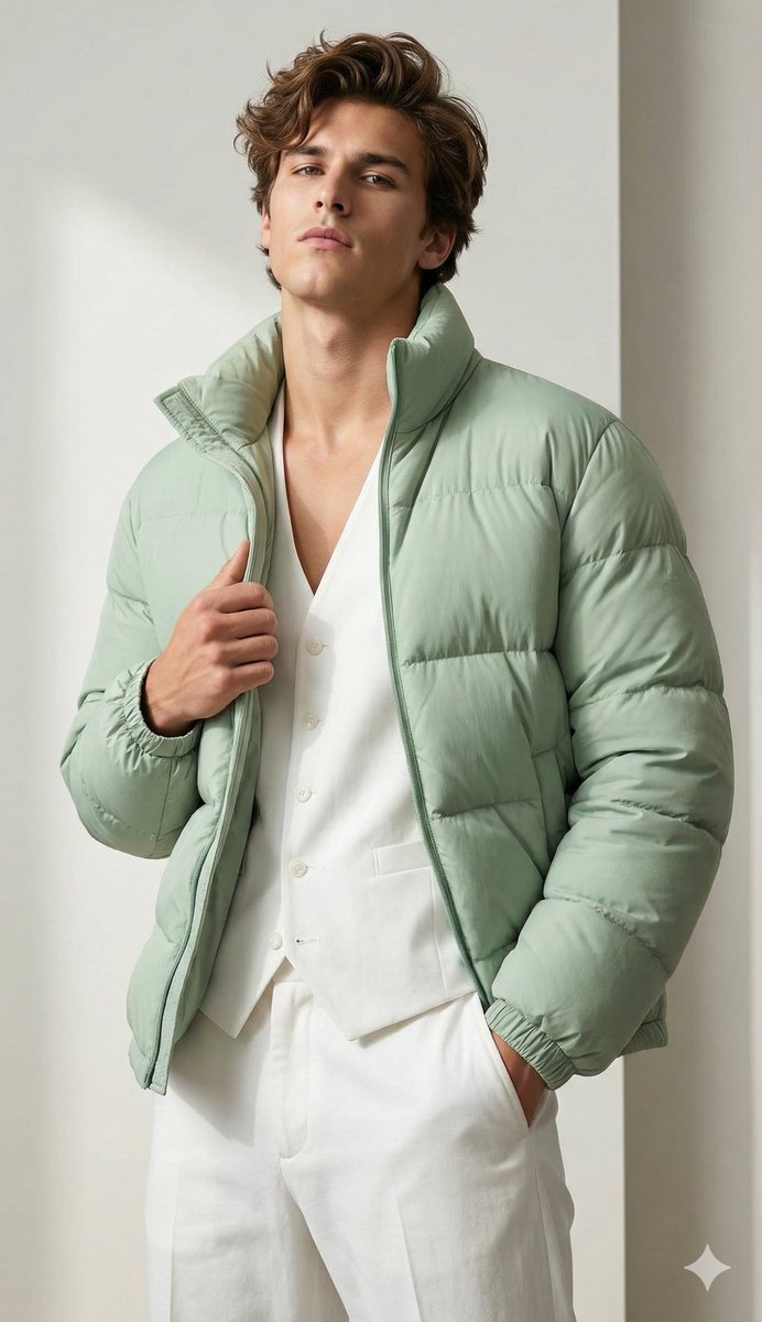 极简影棚浅绿羽绒服高冷男模时尚大片