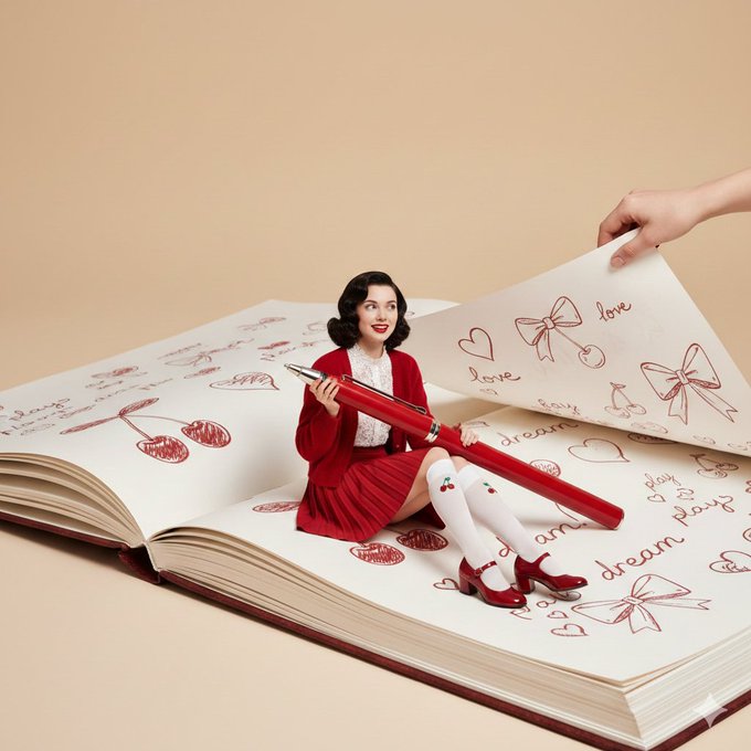 极简影棚内的复古红衣少女通话瞬间