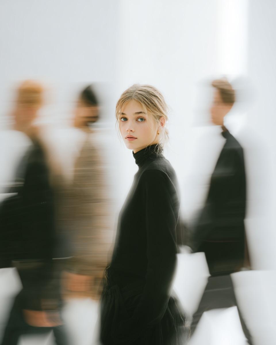 极简黑衣女子定格喧嚣人潮中