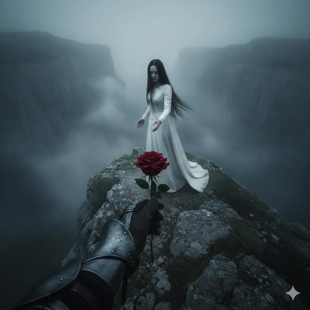 迷雾悬崖上苍白少女接过黑甲骑士红玫瑰