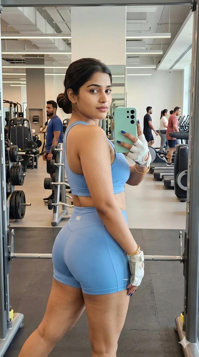现代健身房浅蓝辣妹回眸自拍