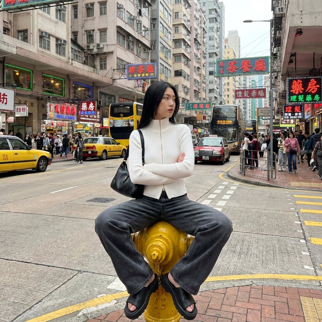 消防栓上的都市自信女孩