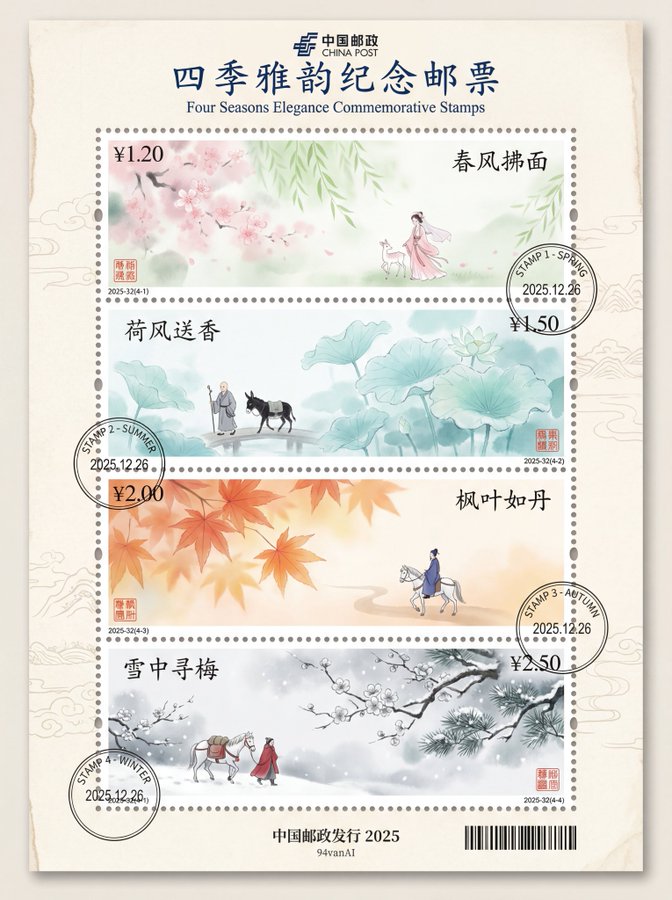 四季水墨中国邮票设计