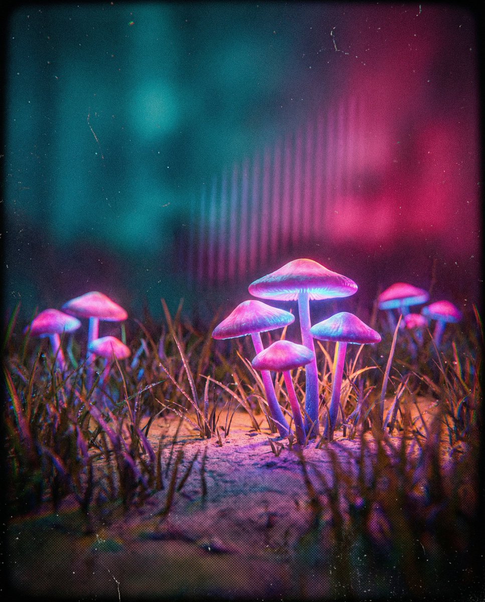 霓虹梦境中的发光蘑菇特写