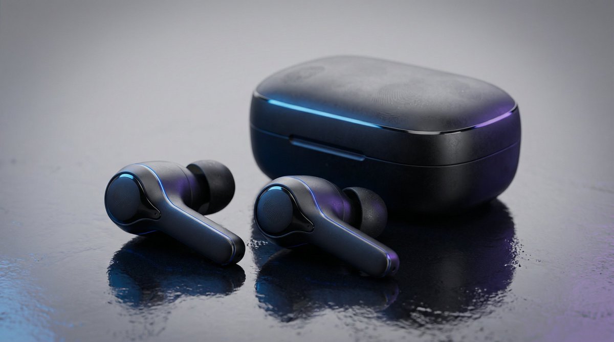 霓虹光影下的极简黑色耳机商业大片