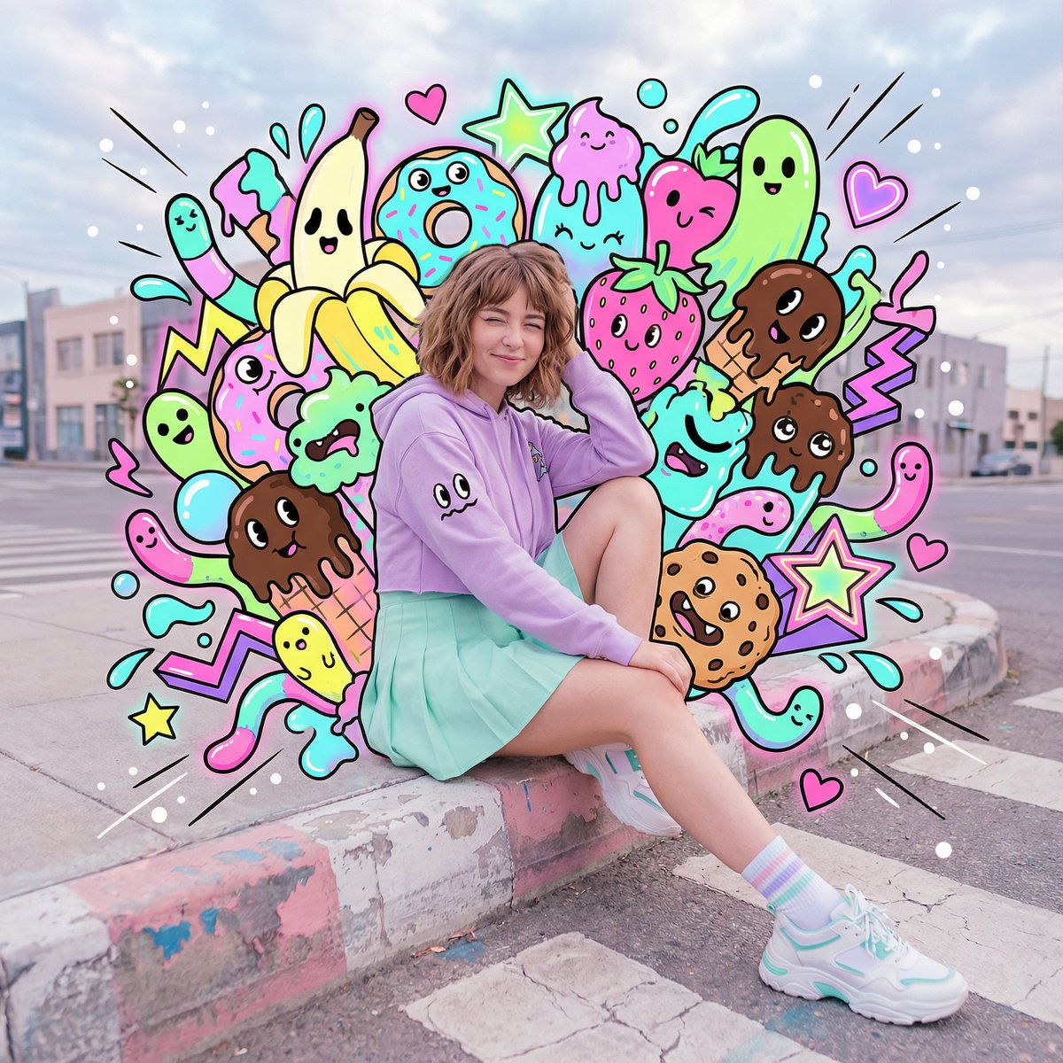 霓虹糖果怪兽包围的少女