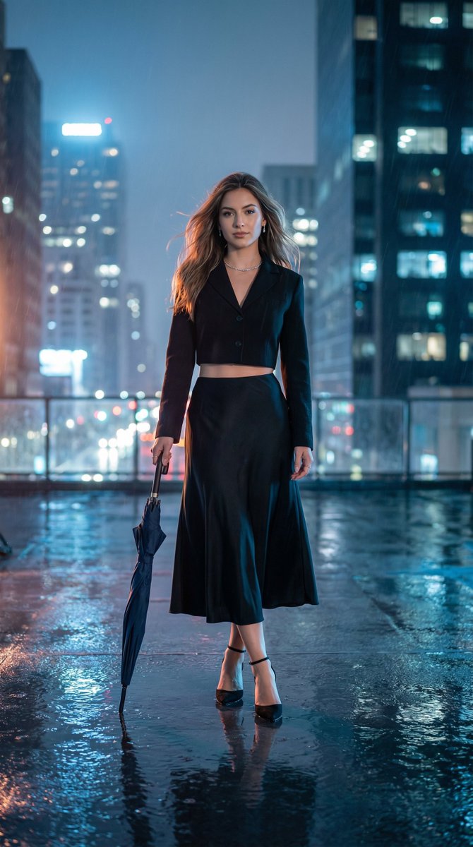 霓虹雨夜天台上的冷艳都市丽人