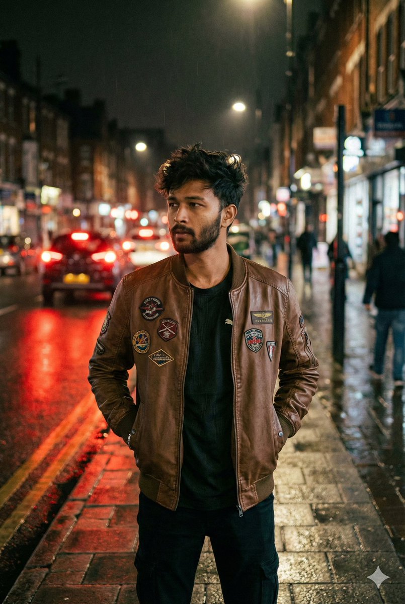 霓虹灯影下的雨夜皮衣青年