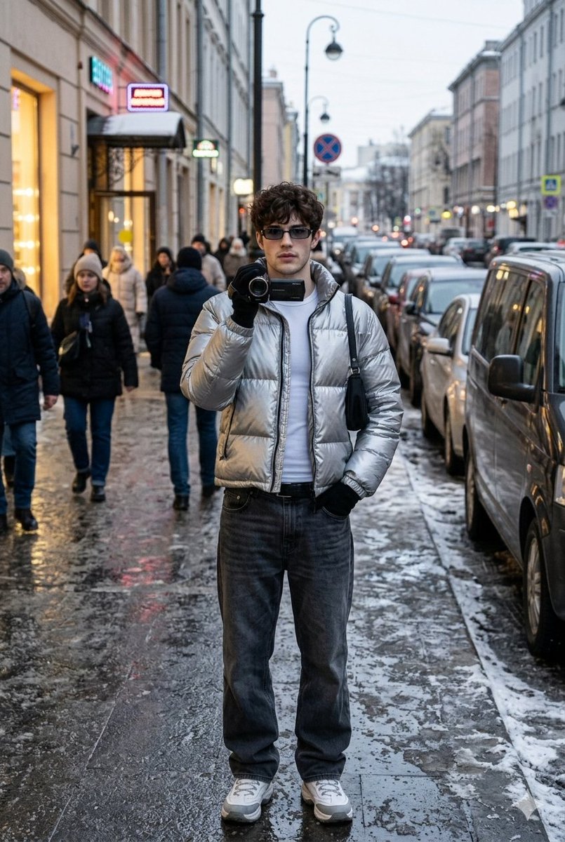 霓虹冬夜街头持相机的型男