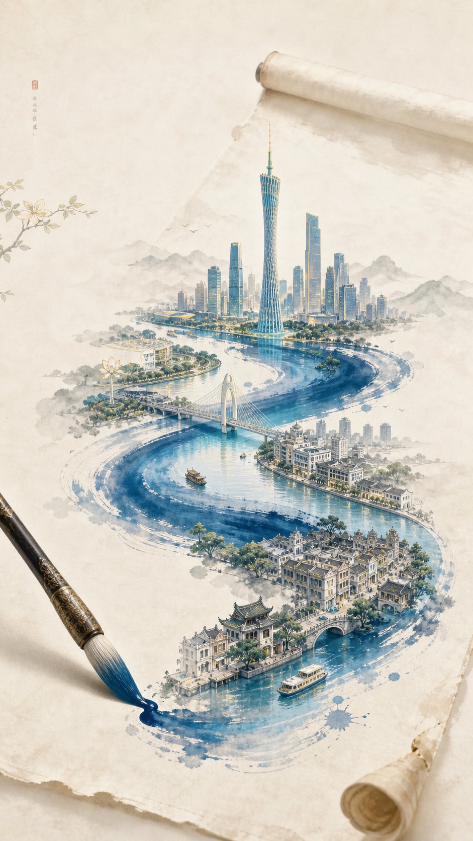 一笔生长的珠江广州城景