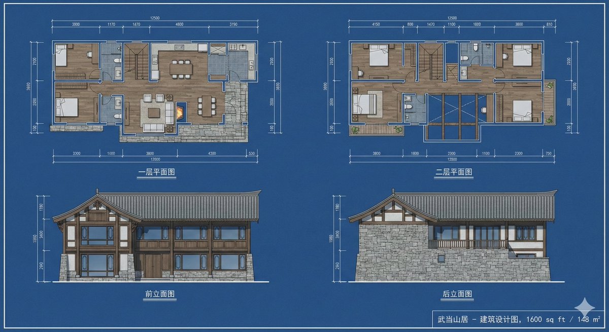 武当山新中式双层住宅建筑蓝图