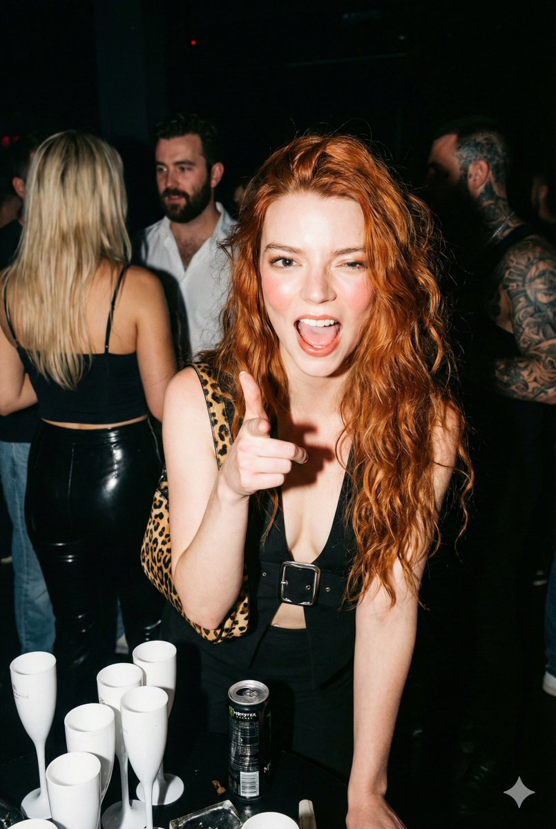 夜店红发辣妹闪光灯下的俏皮手枪