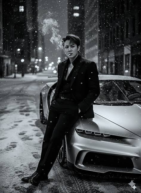 黑夜雪中黑色西装男士与银色跑车